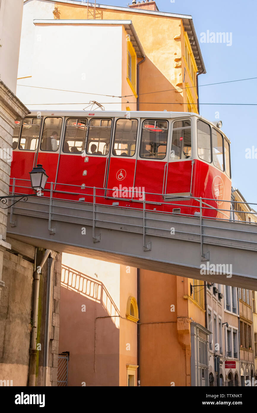 Funicular above a street in Old Lyon up the mountain in Lyon, France Stock Photo
