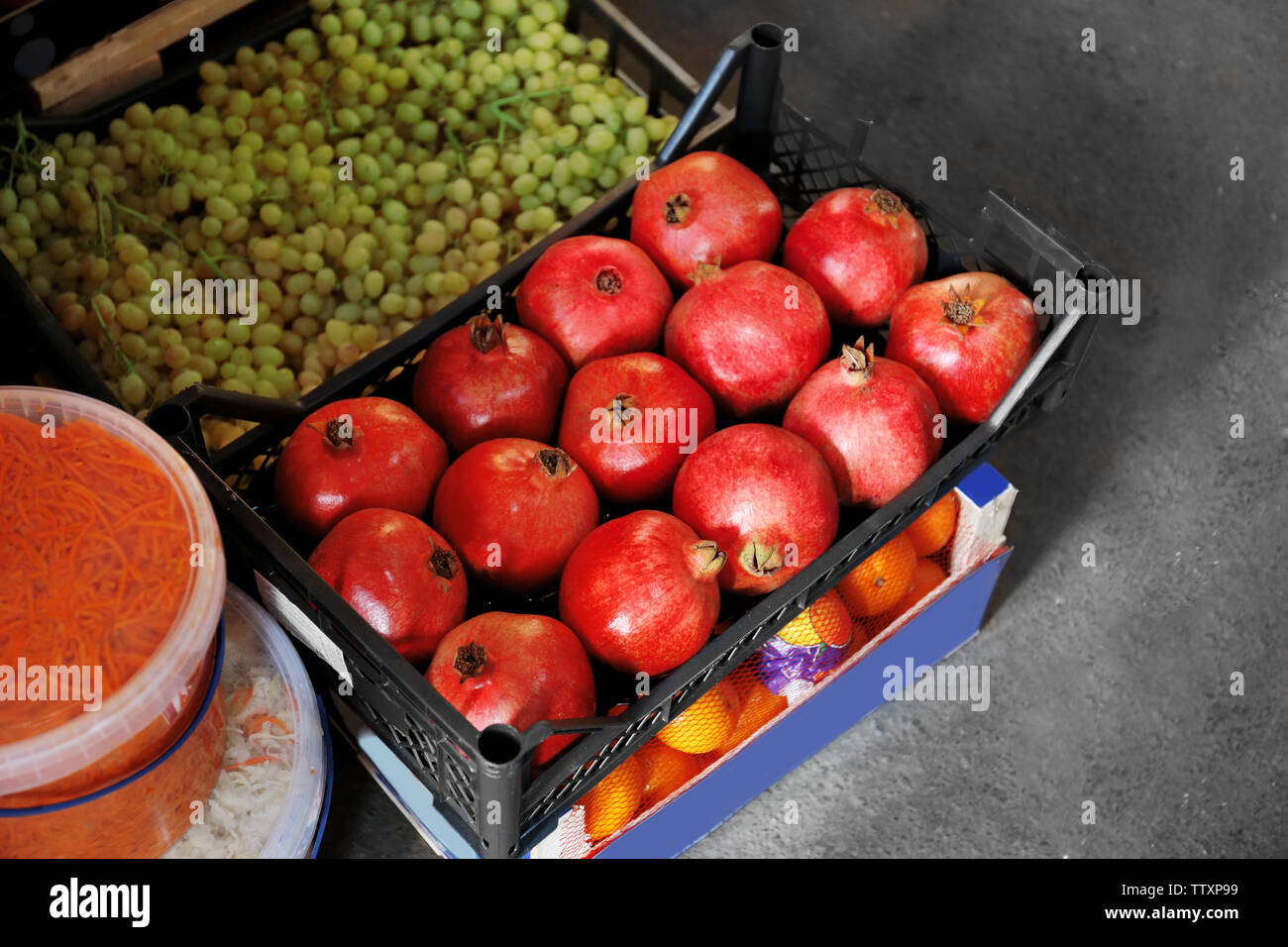 Fresh fruits in boxes on market Stock Photo - Alamy