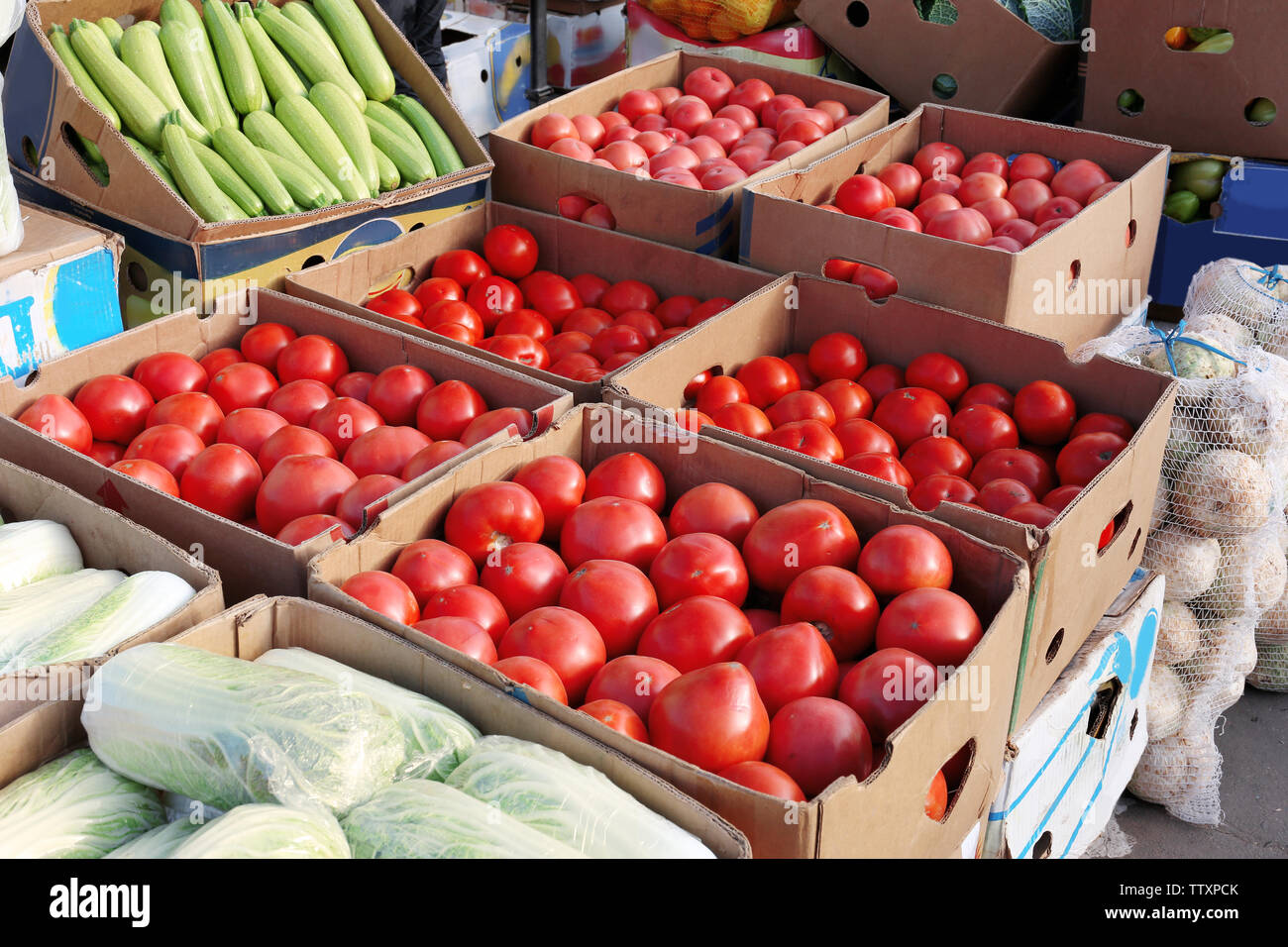Fresh vegetables in cardboard boxes on market Stock Photo Alamy