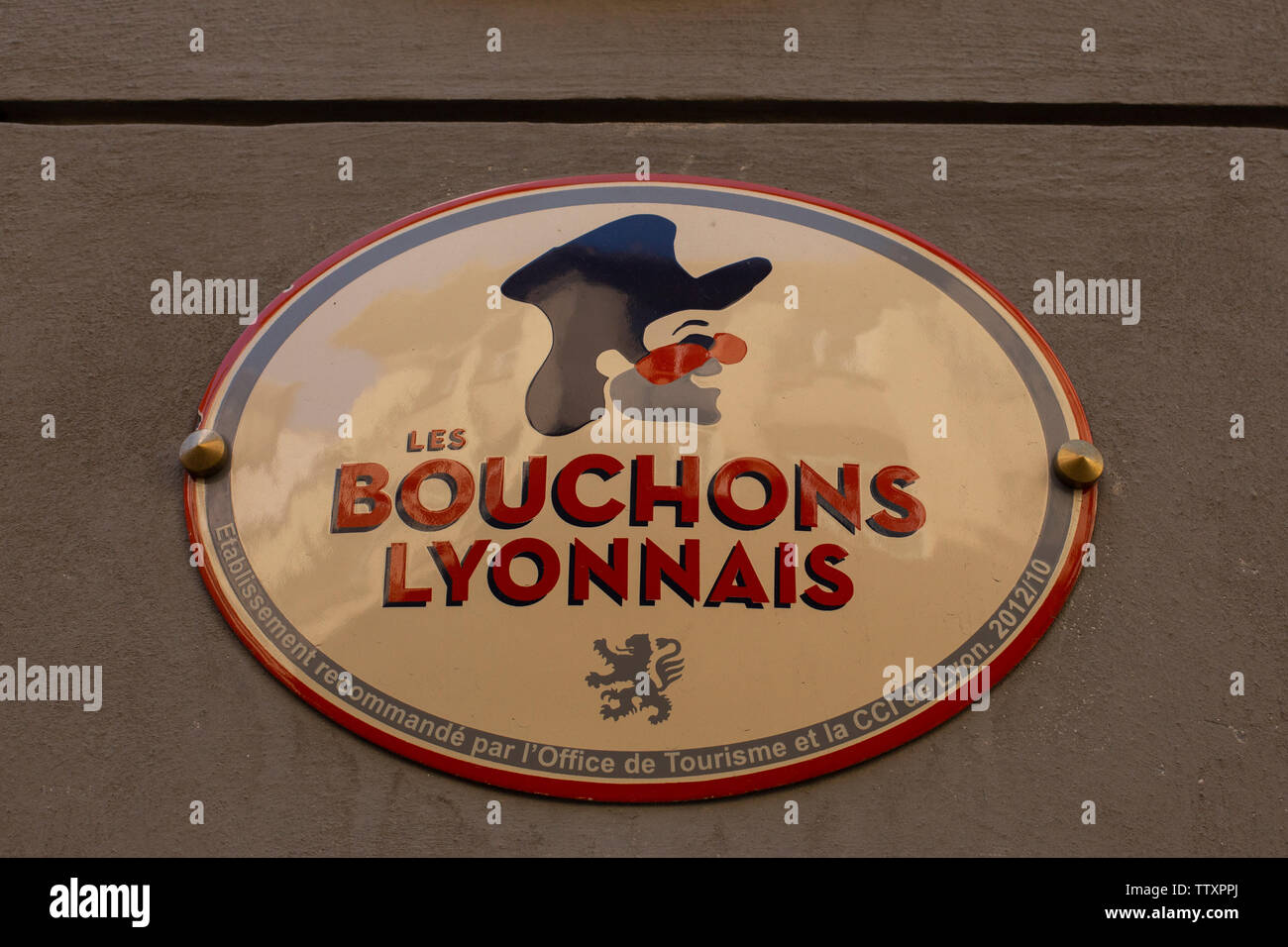 Bouchon Lyonnais sign on the facade of a Bouchon restaurant in Lyon, France Stock Photo