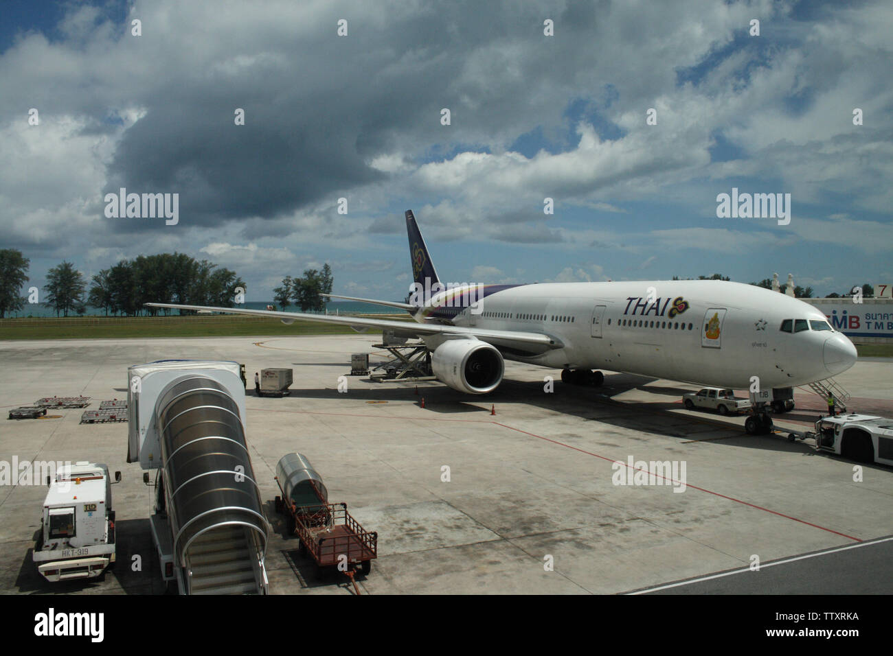 Commercial airplane at an airport, Phuket International Airport, Phuket, Thailand Stock Photo