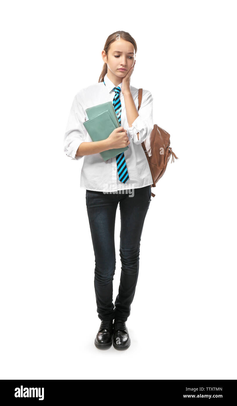 Schoolgirl on white background Stock Photo - Alamy