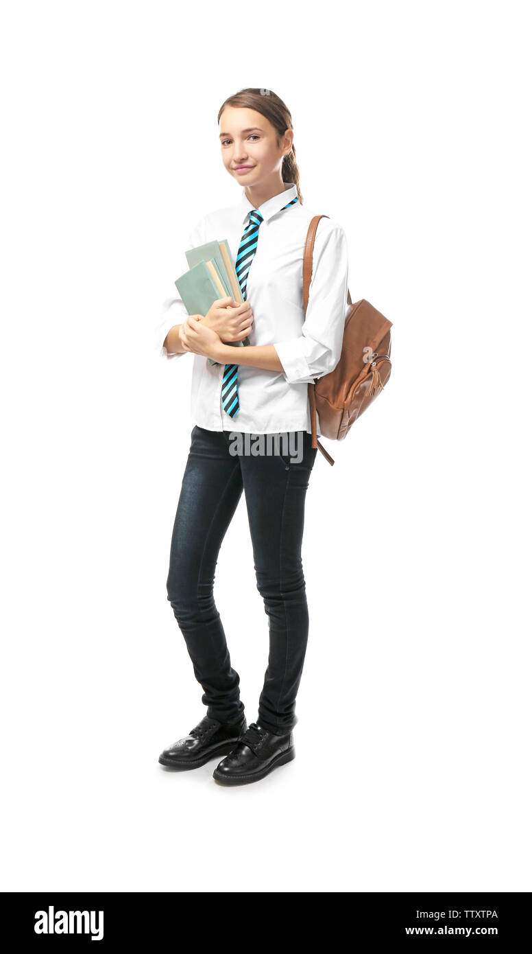 Schoolgirl on white background Stock Photo - Alamy