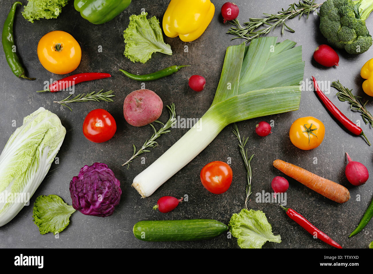 Fresh vegetables on dark textured background Stock Photo Alamy