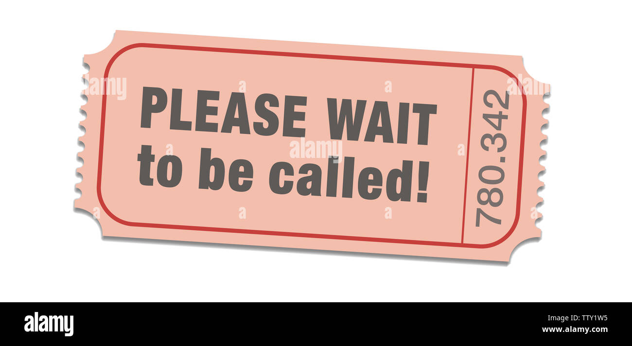 Please wait ticket. Single waiting list ticket with high number for patient ones - illustration on white background. Stock Photo