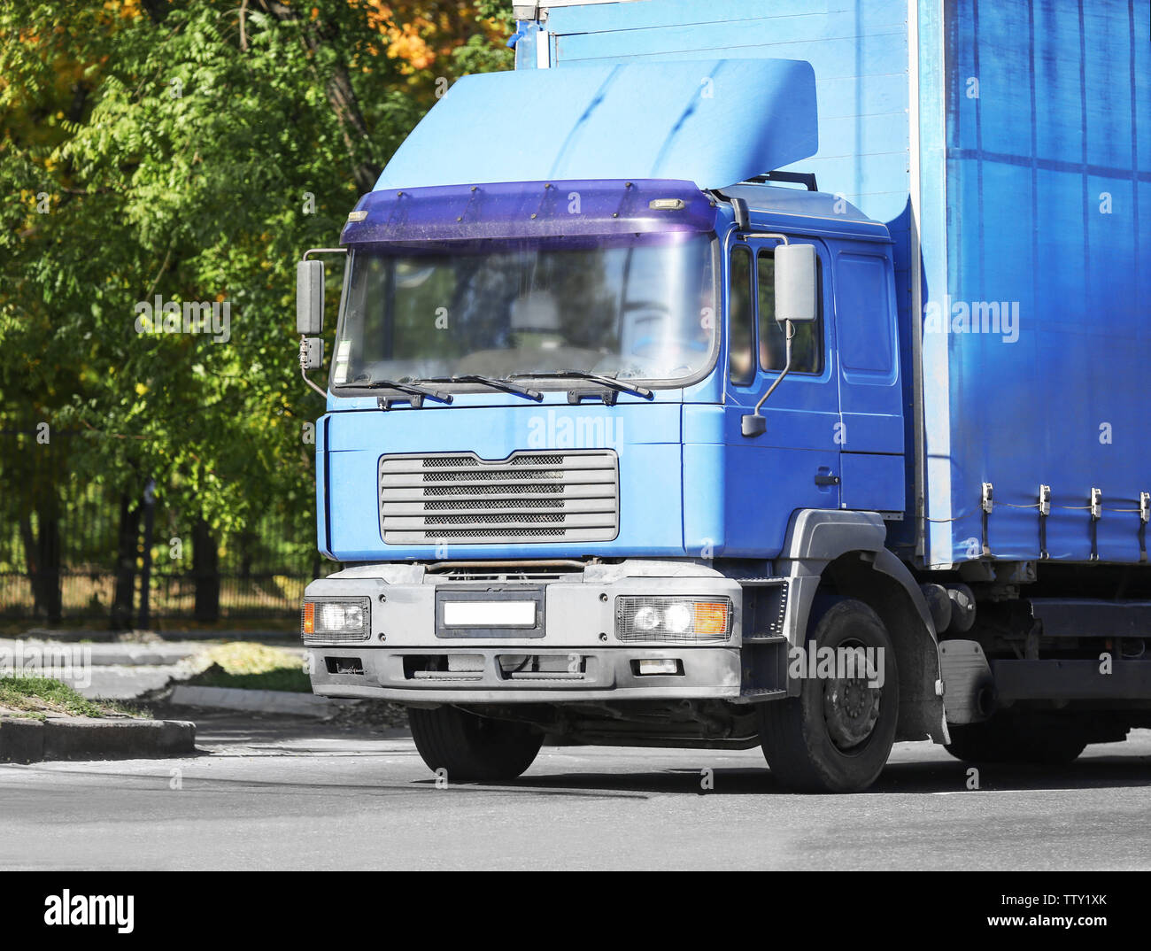 Front of blue American cargo truck Stock Photo Alamy