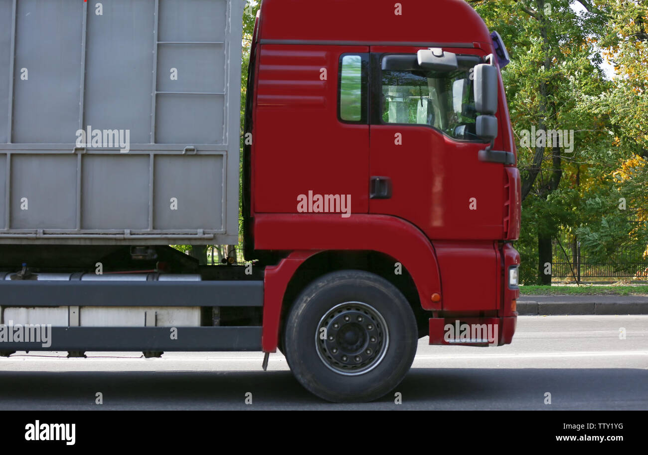 Side view of red American cargo truck Stock Photo Alamy