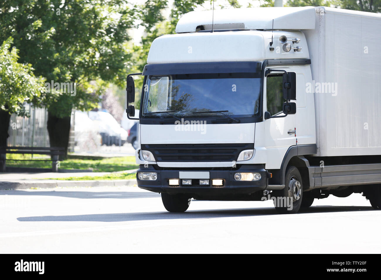 Front of white American cargo truck Stock Photo Alamy