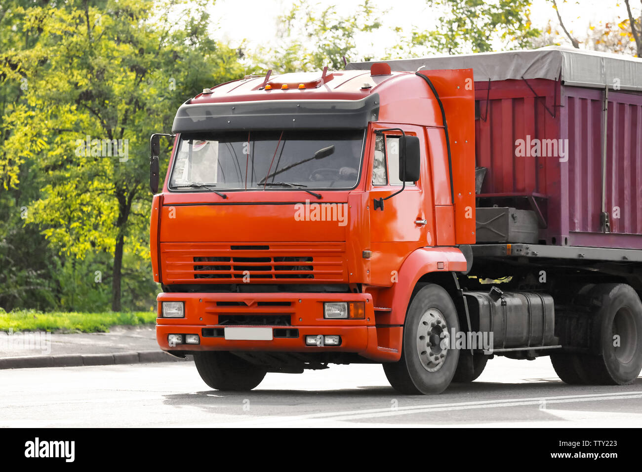 Front of red American cargo truck Stock Photo Alamy