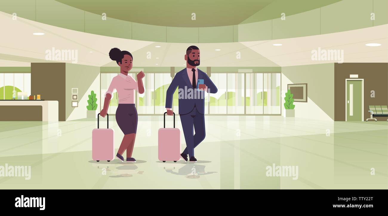 businesspeople with luggage couple standing at reception area african american business man woman holding suitcase contemporary lobby hotel hall Stock Vector
