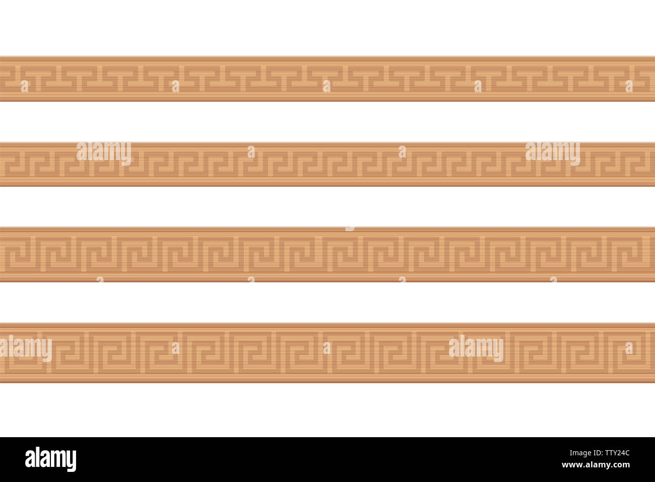 Wooden mouldings. Ornamental carved wood strips, decorative greek style pattern, seamless extendible - illustration on white background Stock Photo