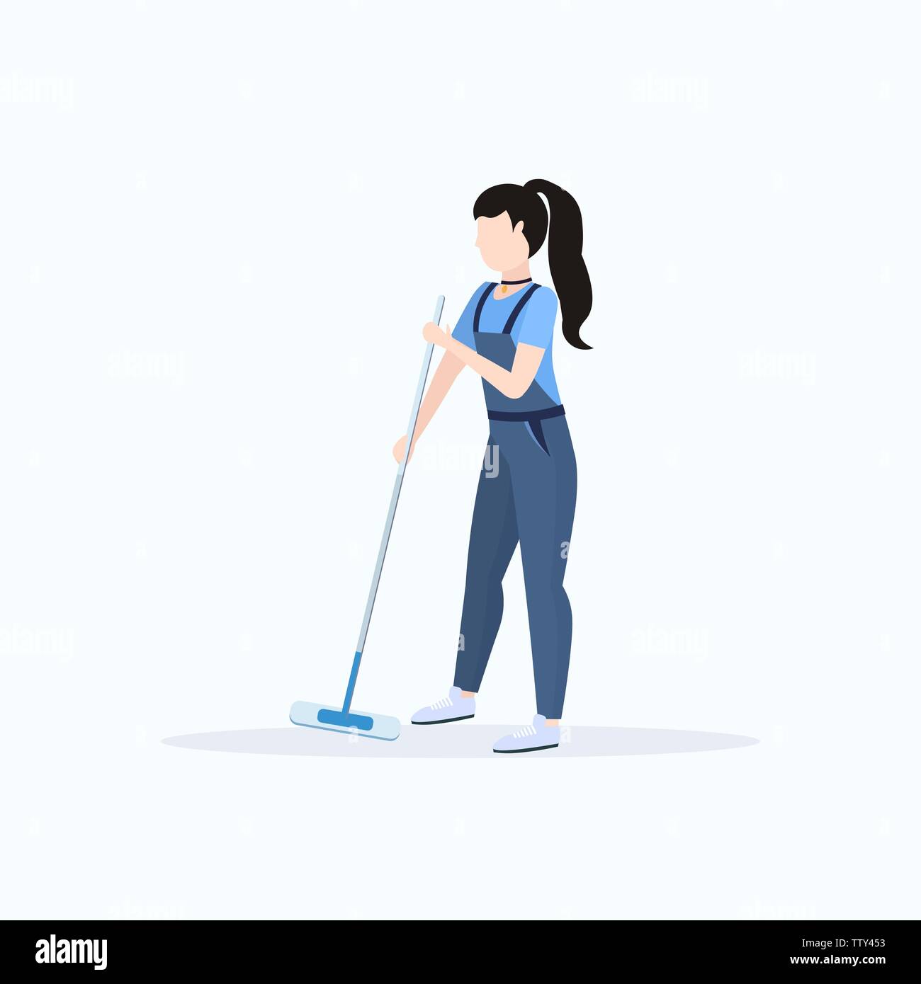 female janitor in uniform mopping floor woman cleaner holding mop