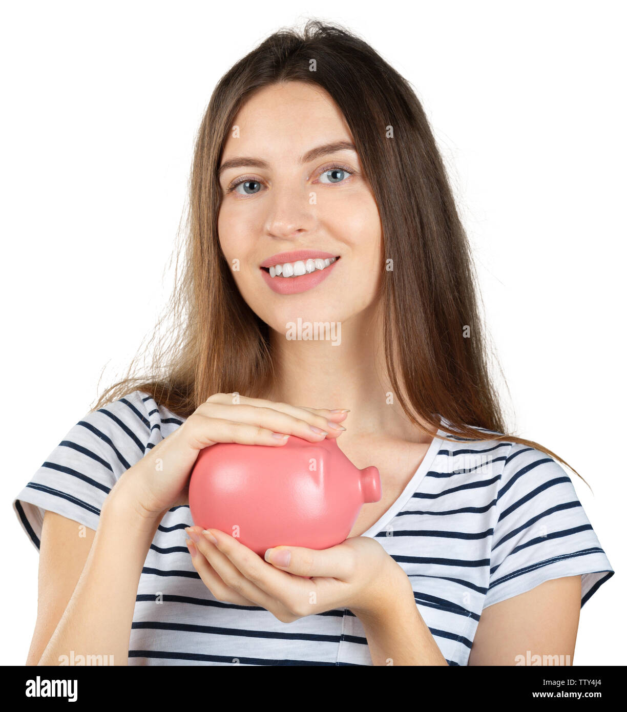Woman with a piggy bank. Isolated over white background Stock Photo - Alamy