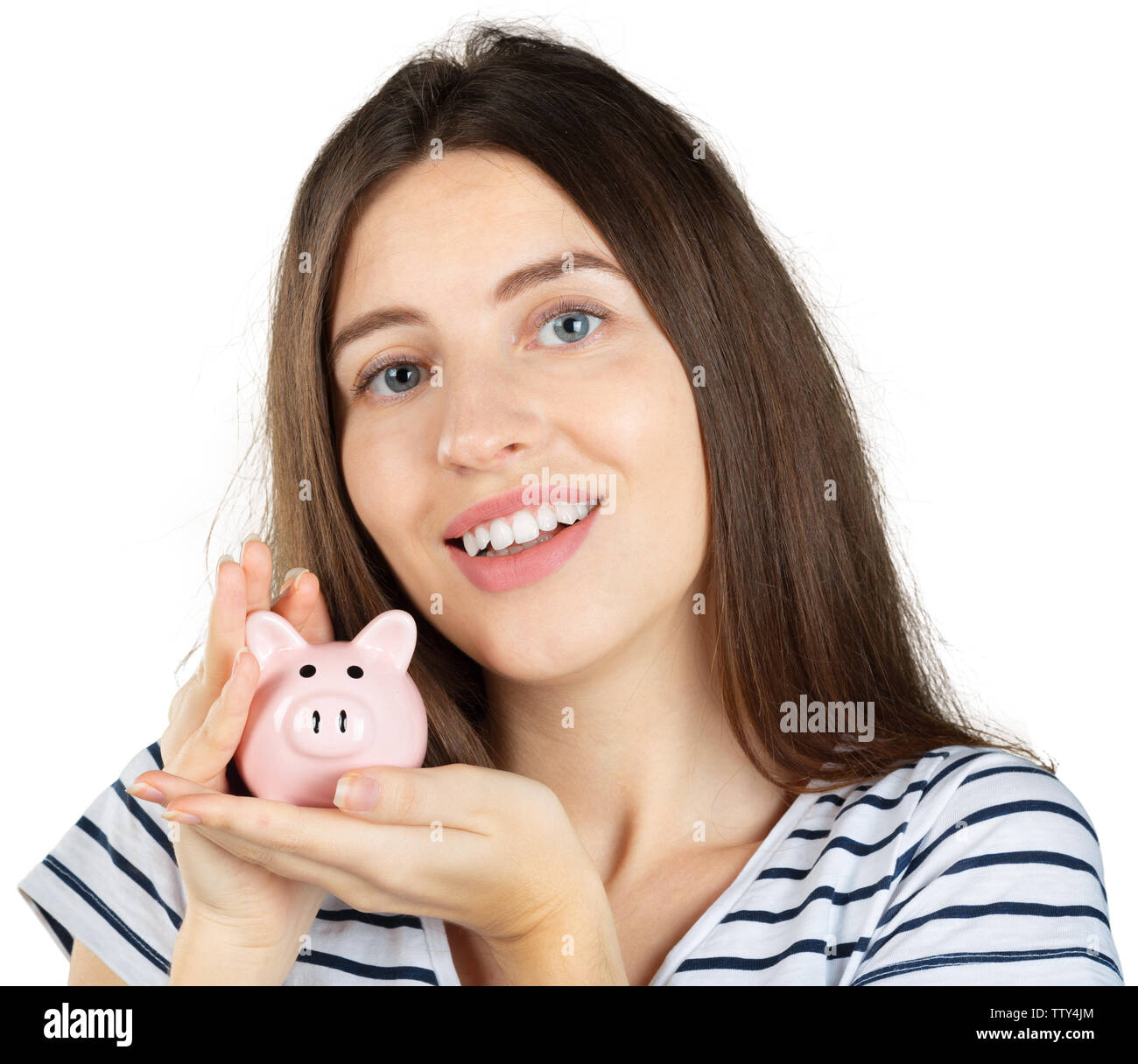 Woman with a piggy bank. Isolated over white background Stock Photo - Alamy