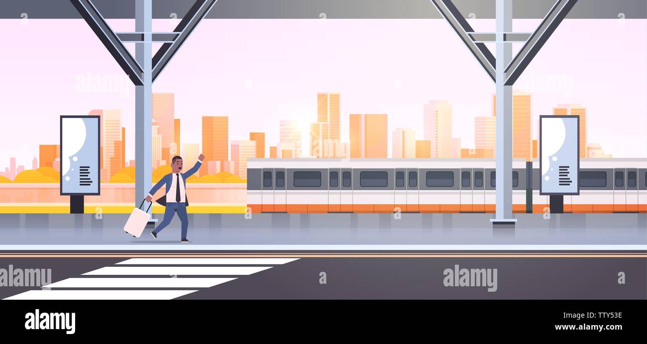 businessman running to catch train african american business man with luggage on railway station city public transport male cartoon character Stock Vector