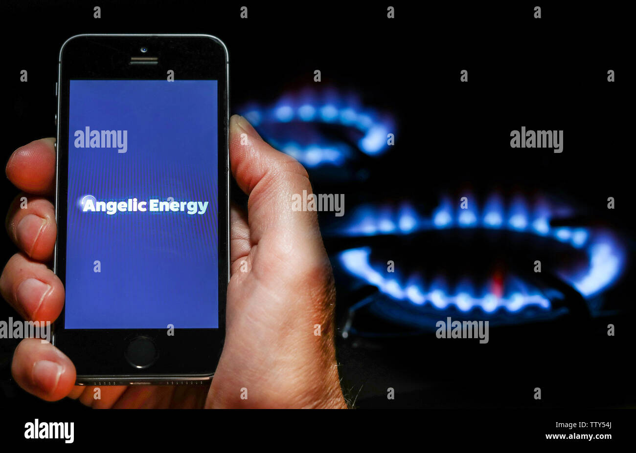 A man looking at the website logo for energy company Angelic Energy on his phone in front of his gas cooker (editorial use only) Stock Photo
