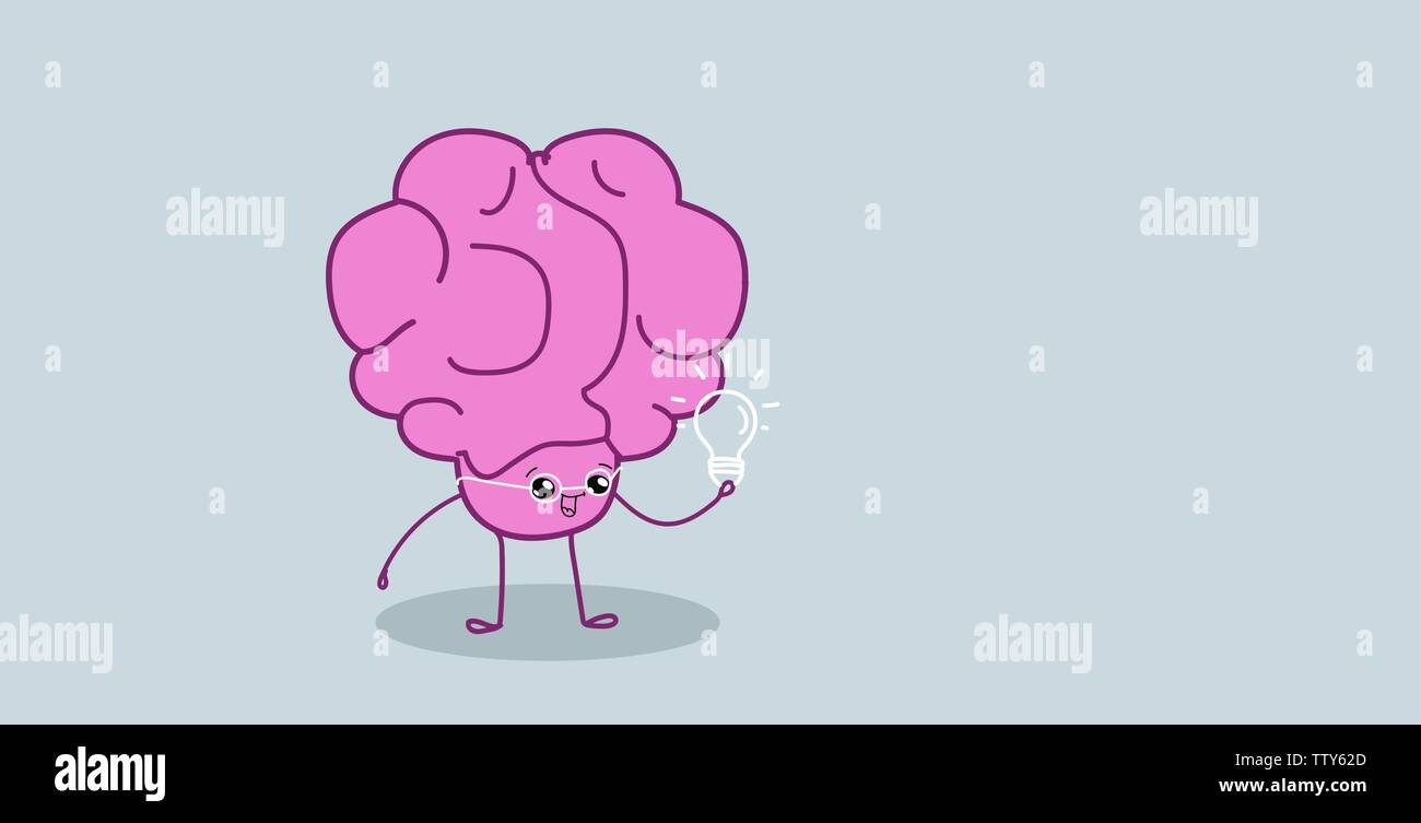 cute human brain holding light lamp creative idea creativity imagination concept pink cartoon character kawaii style horizontal Stock Vector