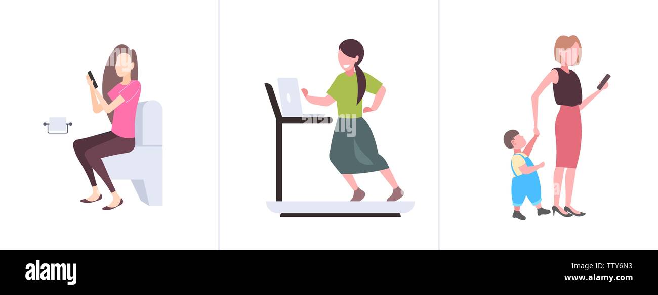 set girls using gadgets sitting toilet bowl running on treadmill and  walking with child different digital addiction concepts collection flat  Stock Vector Image & Art - Alamy