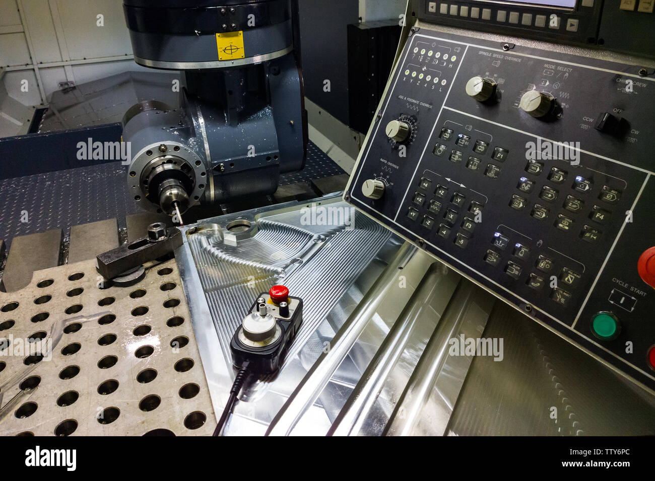 Measuring process with ruby touch probe on large CNC milling machine in jog mode. Stock Photo