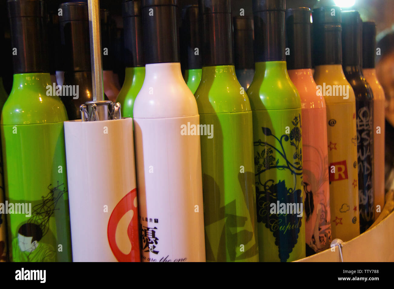 Bottles display at a market stall Stock Photo