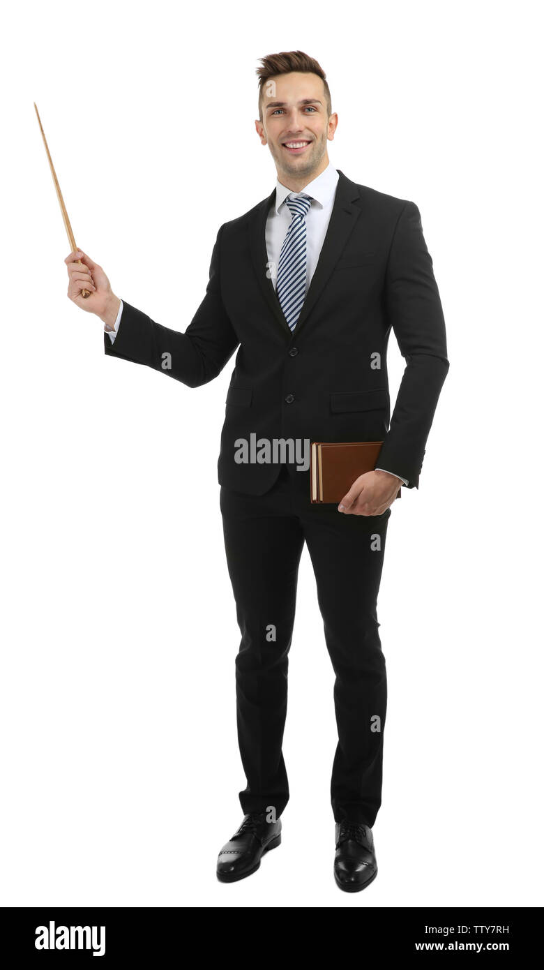 Young male teacher with pointer on white background Stock Photo - Alamy