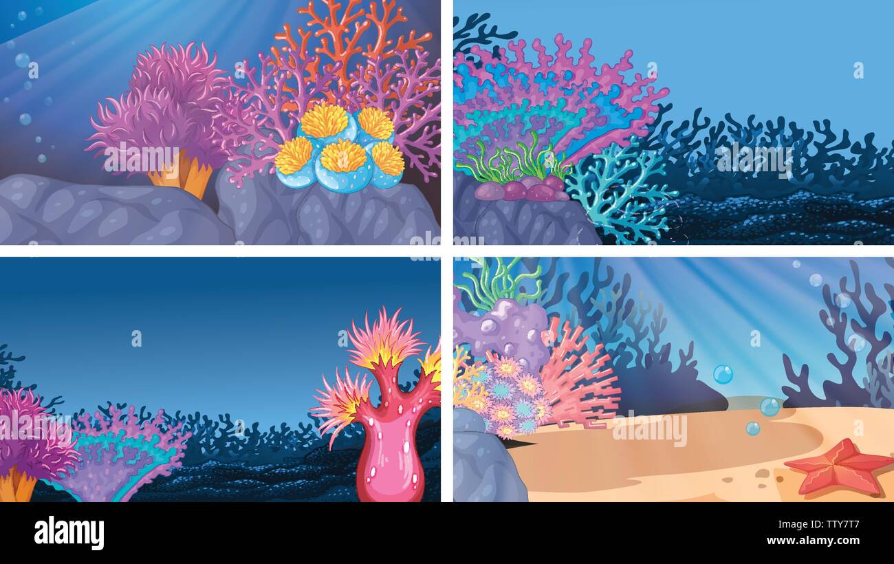 Set of different colorful underwater scenes illustration Stock Vector