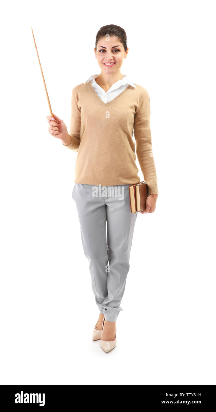 Young teacher with pointer on white background Stock Photo - Alamy