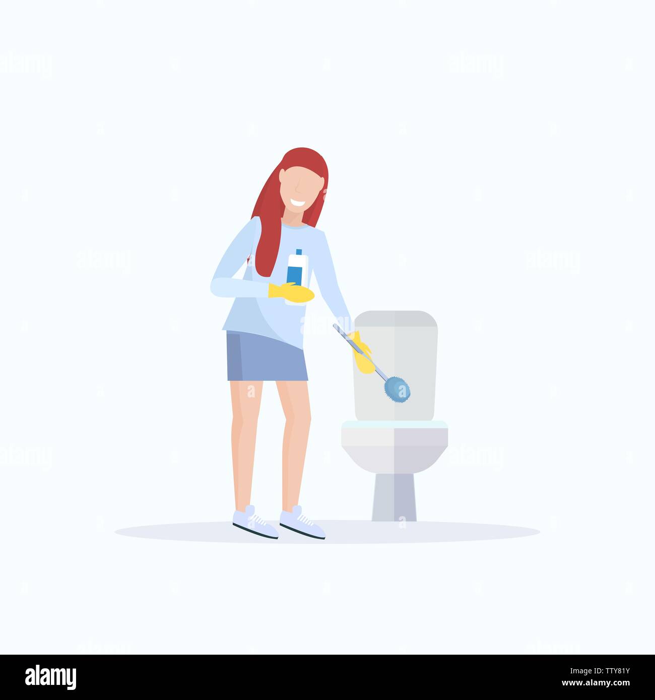 woman scrubbing toilet with scrub brush housewife doing housework cleaning concept female cartoon character full length flat Stock Vector