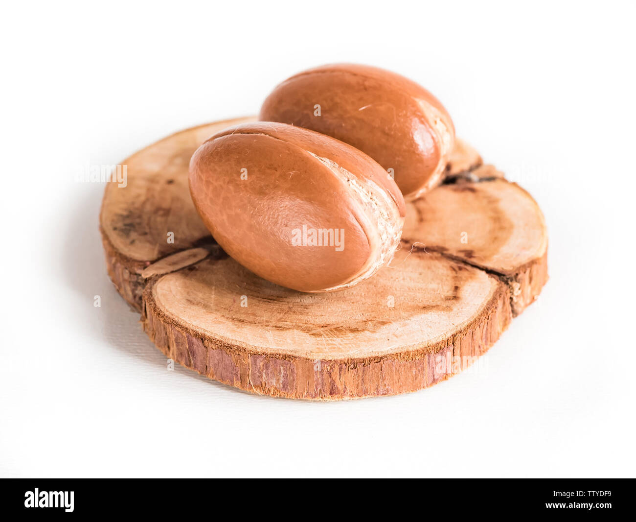 Moroccan argan nuts on wood background close-up isolated white. Argania spinosa seeds. Stock Photo