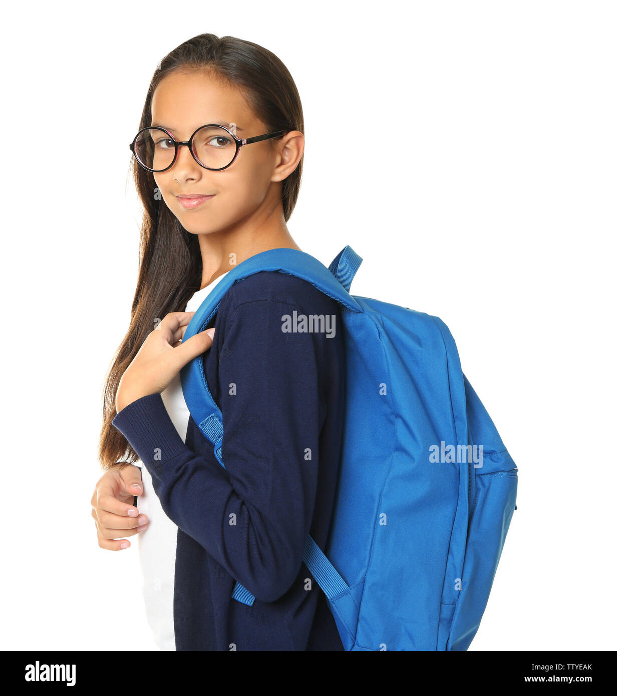 Cute schoolgirl on white background Stock Photo - Alamy