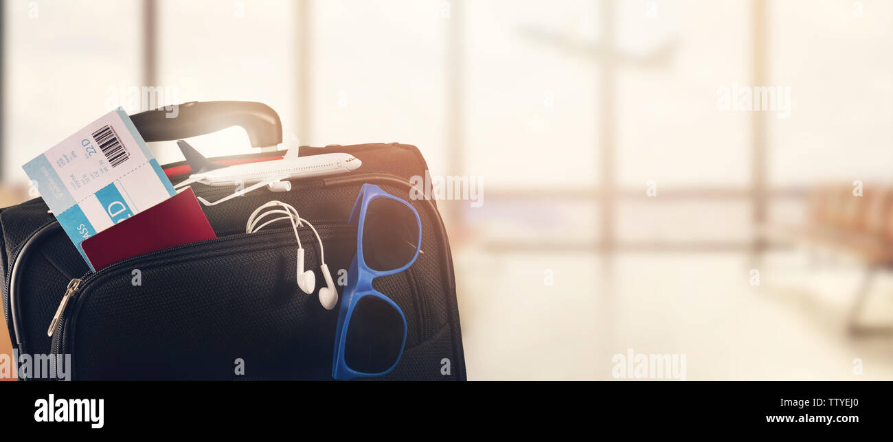 traveling luggage on airport terminal background with copy space Stock Photo