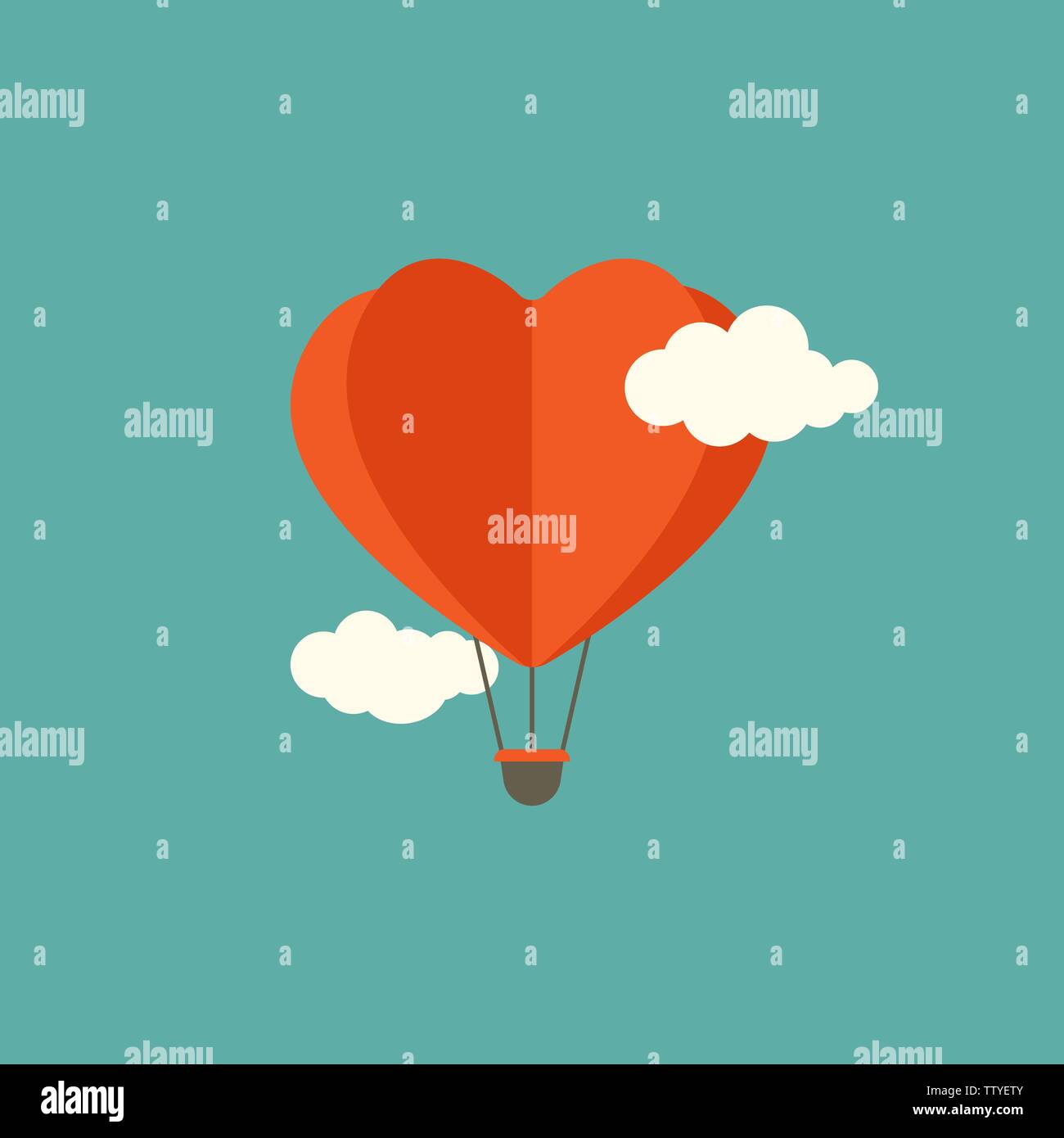 red heart air balloon flying in the blue sky with clouds. Flat cartoon ...