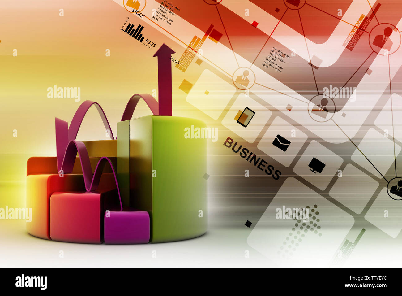 finance pie and bar chart graphs with growing arrow Stock Photo - Alamy