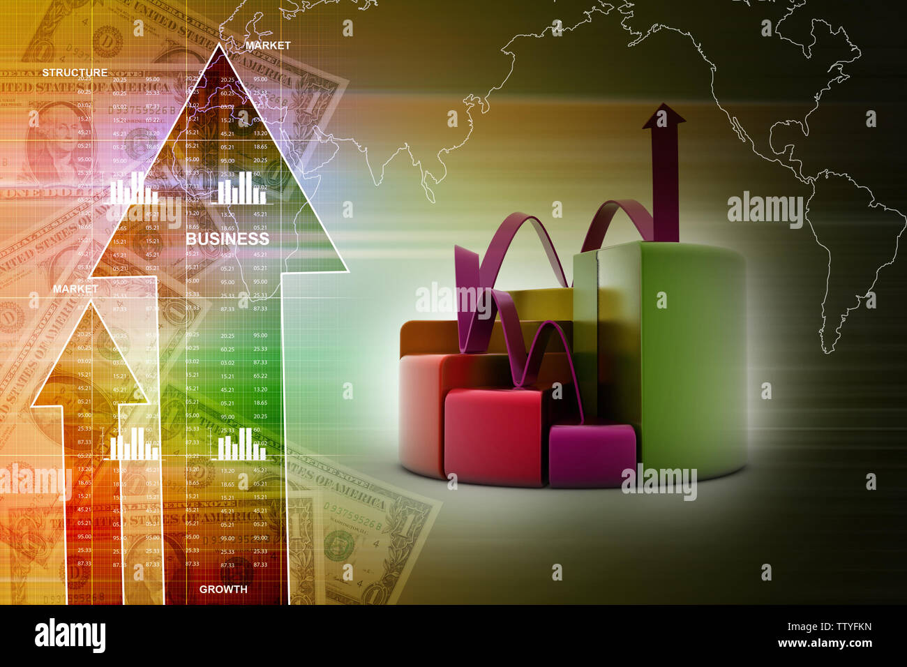 finance pie and bar chart graphs with growing arrow Stock Photo - Alamy