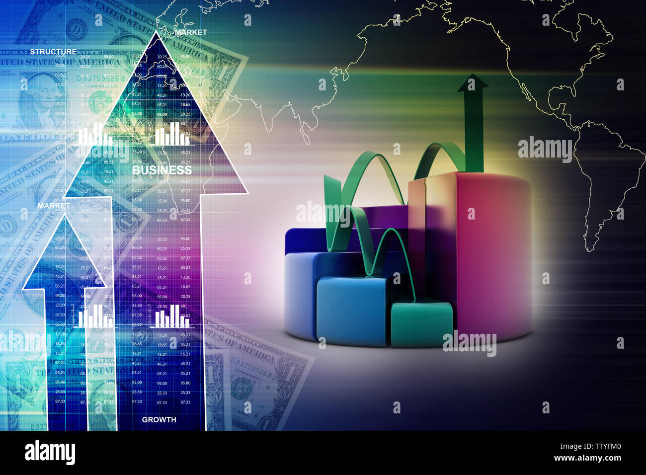 finance pie and bar chart graphs with growing arrow Stock Photo - Alamy