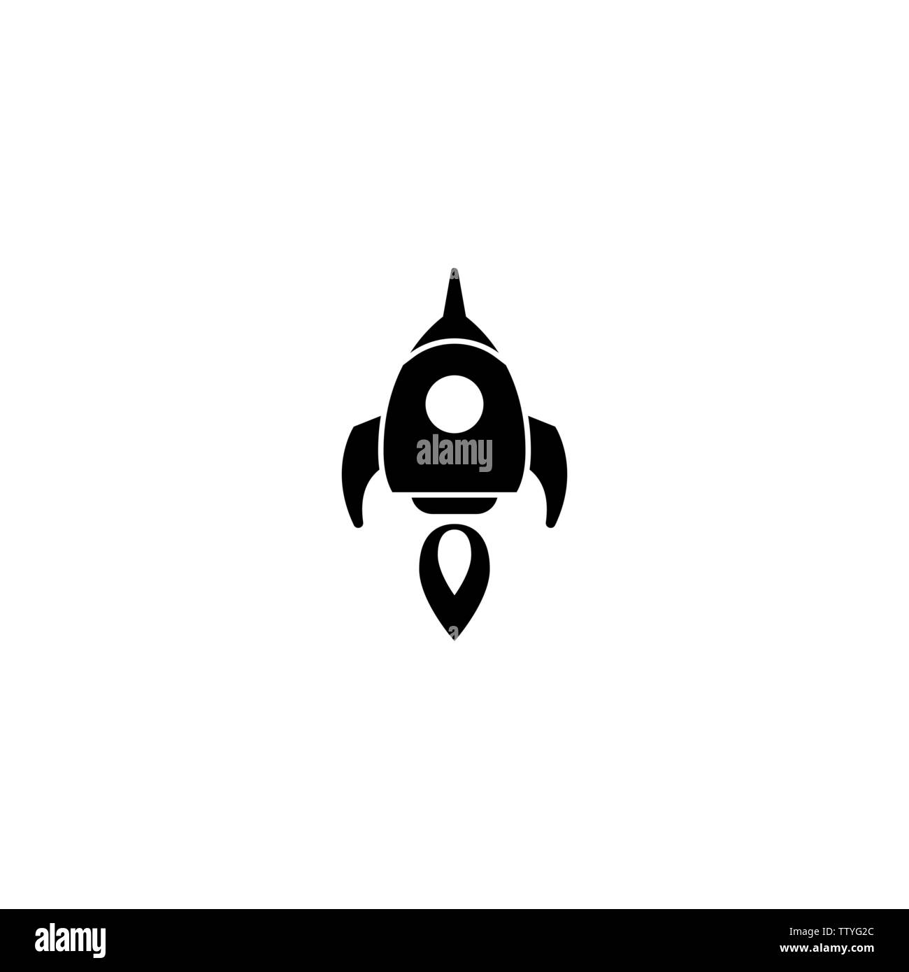 Rocket ship with fire. Isolated on white. Flat icon. Vector illustration with flying rocket. Space travel. Project start up sign. Creative idea symbol Stock Vector
