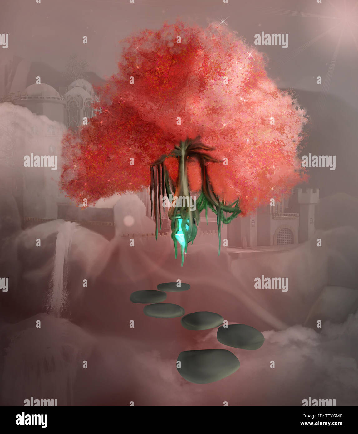 Surreal scenery with a levitating pink tree, a floating footpath and a ...