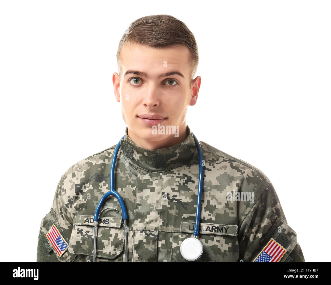 Medical officer with stethoscope on white background Stock Photo Alamy