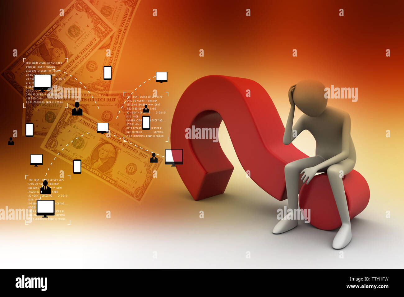 3d man sitting on the question mark Stock Photo - Alamy