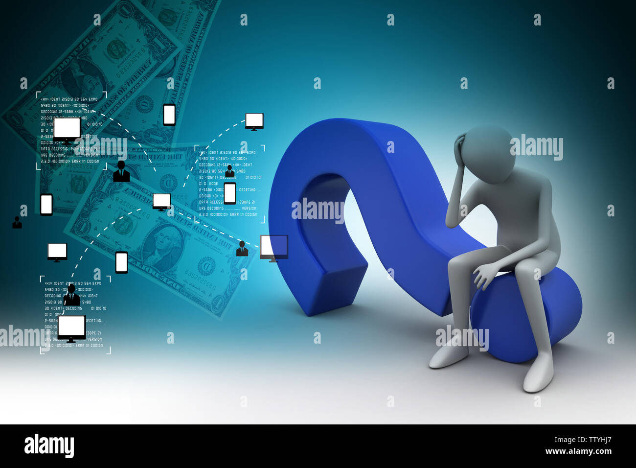 3d man sitting on the question mark Stock Photo - Alamy