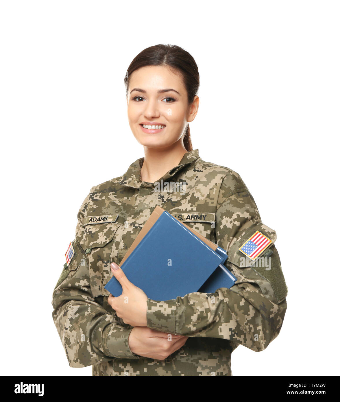 Pretty female cadet of military school on white background Stock Photo