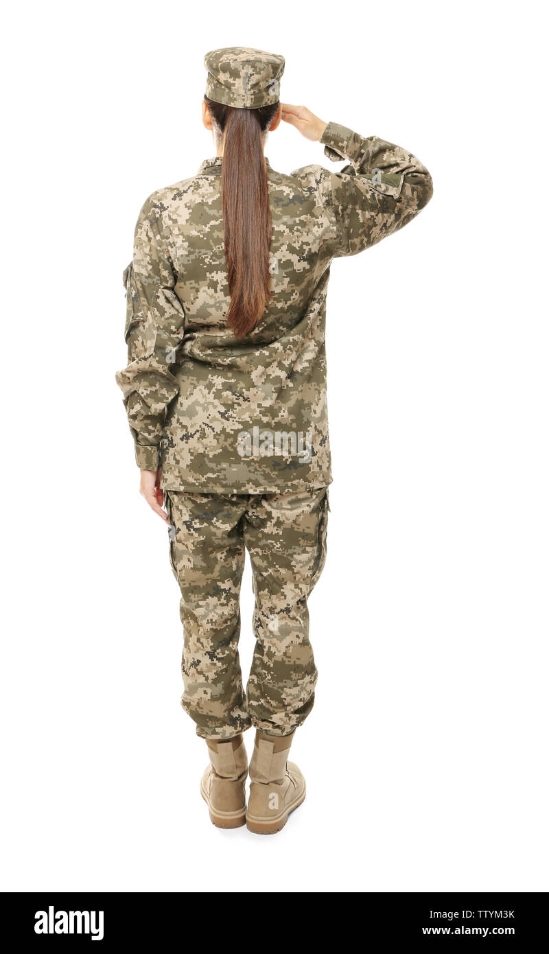Pretty female soldier saluting on white background Stock Photo