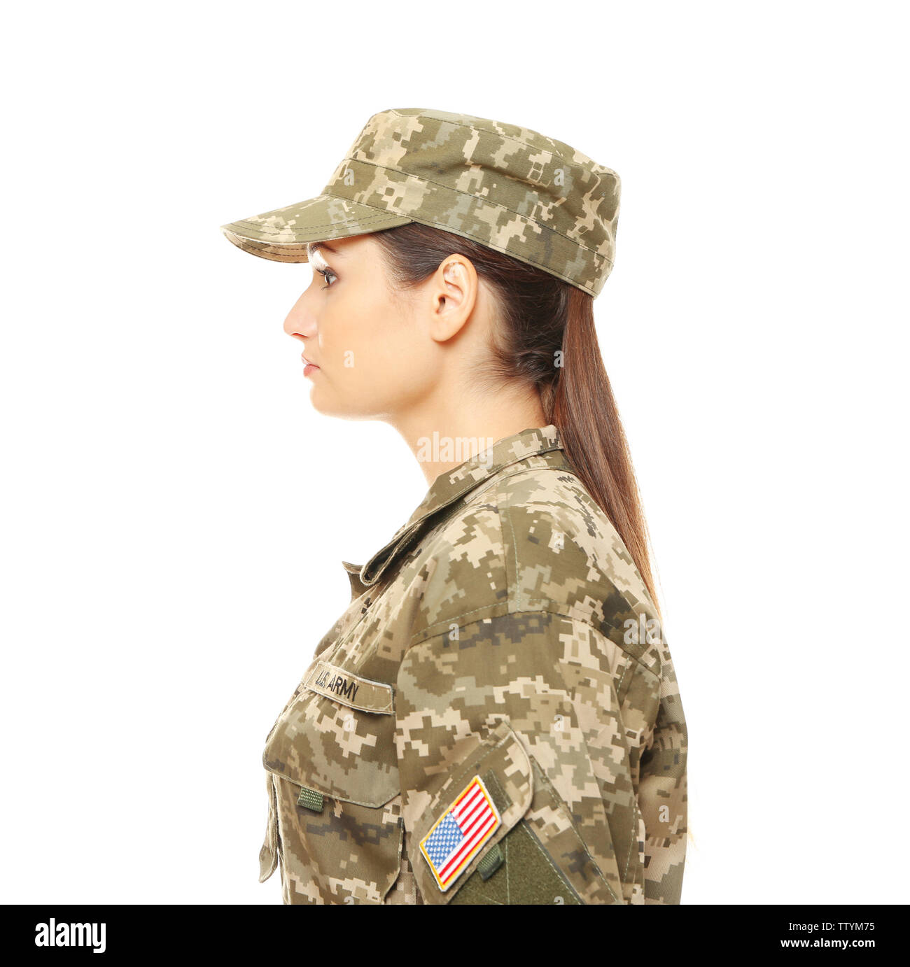 Pretty female soldier on white background Stock Photo - Alamy