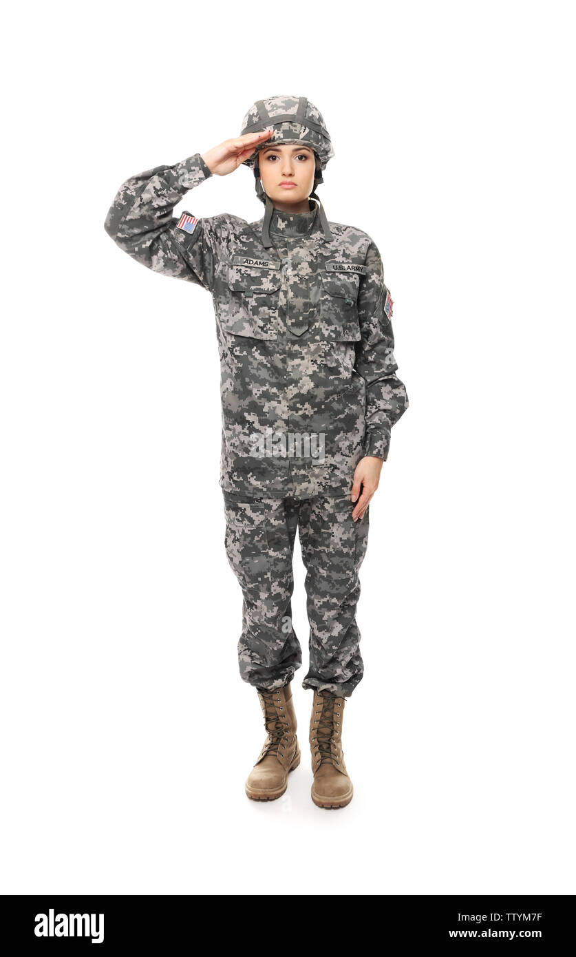 Pretty female soldier saluting on white background Stock Photo