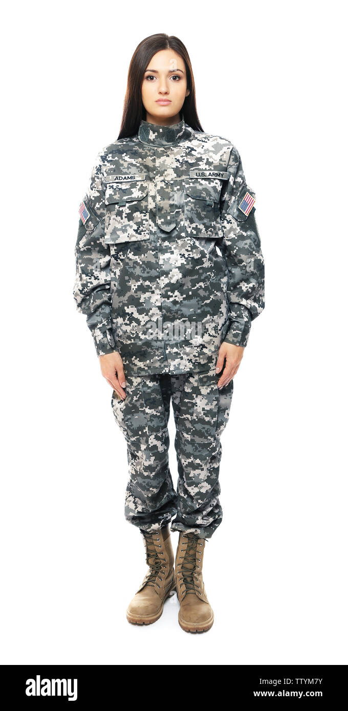 Pretty female soldier on white background Stock Photo - Alamy