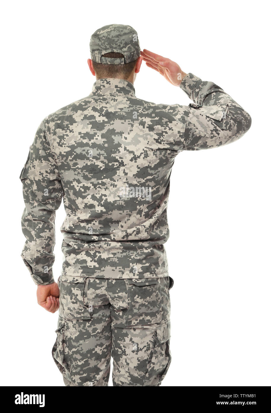 Saluting soldier in camouflage on white background Stock Photo - Alamy