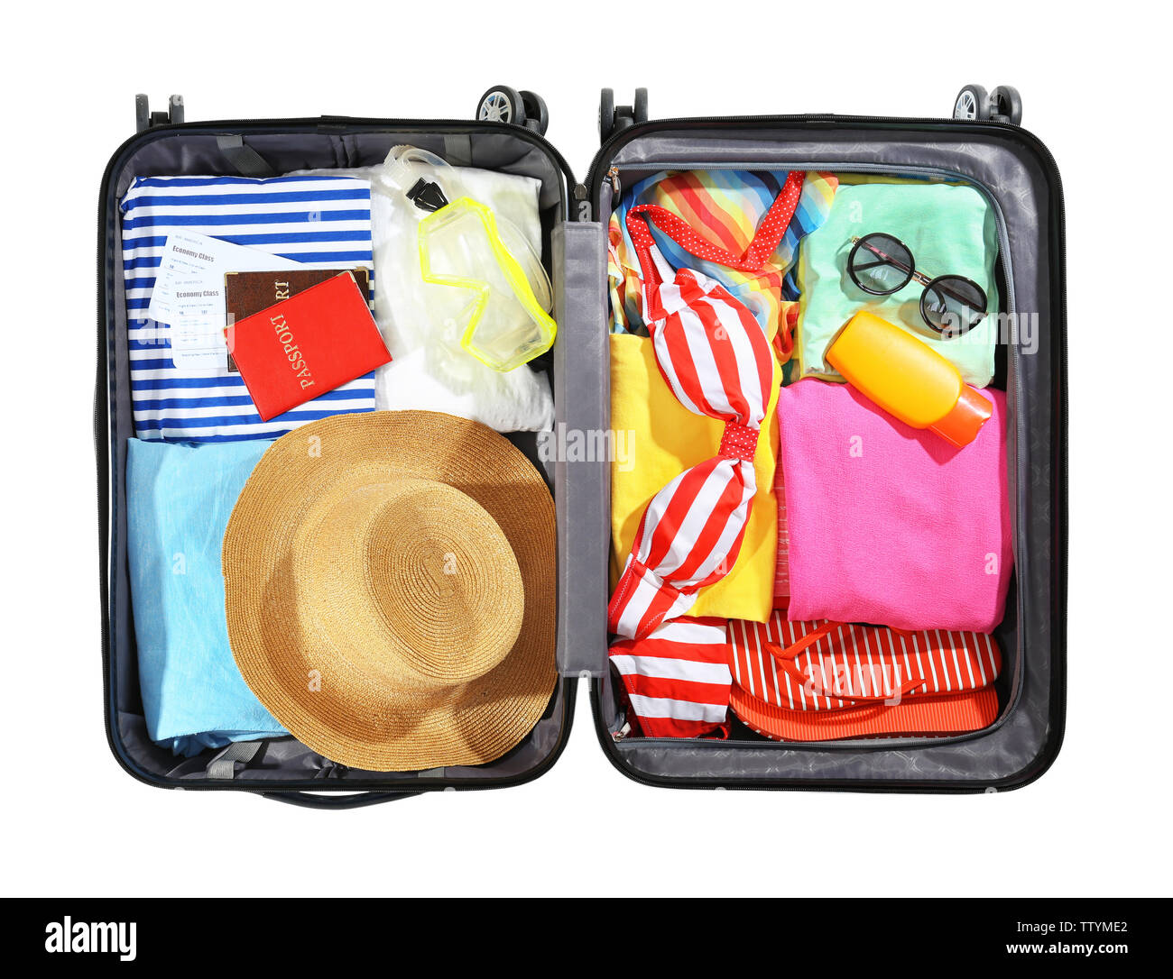 Opened traveler case on white background Stock Photo