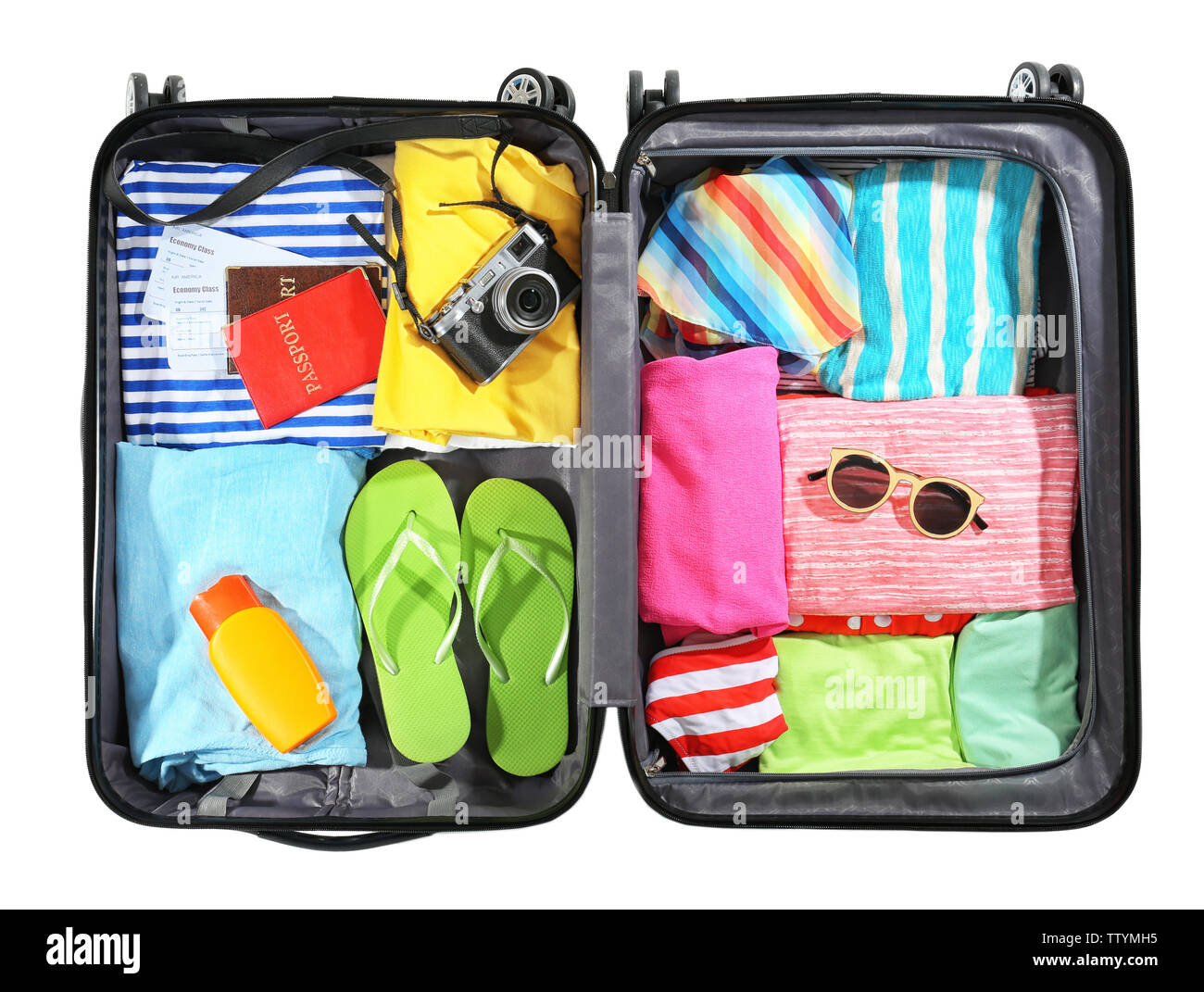 Opened traveler case on white background Stock Photo