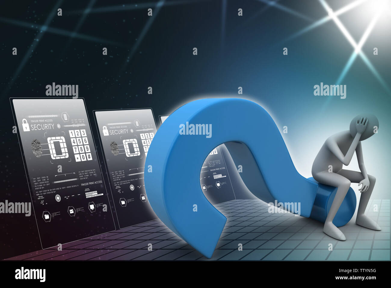 3d man sitting near the question mark Stock Photo - Alamy