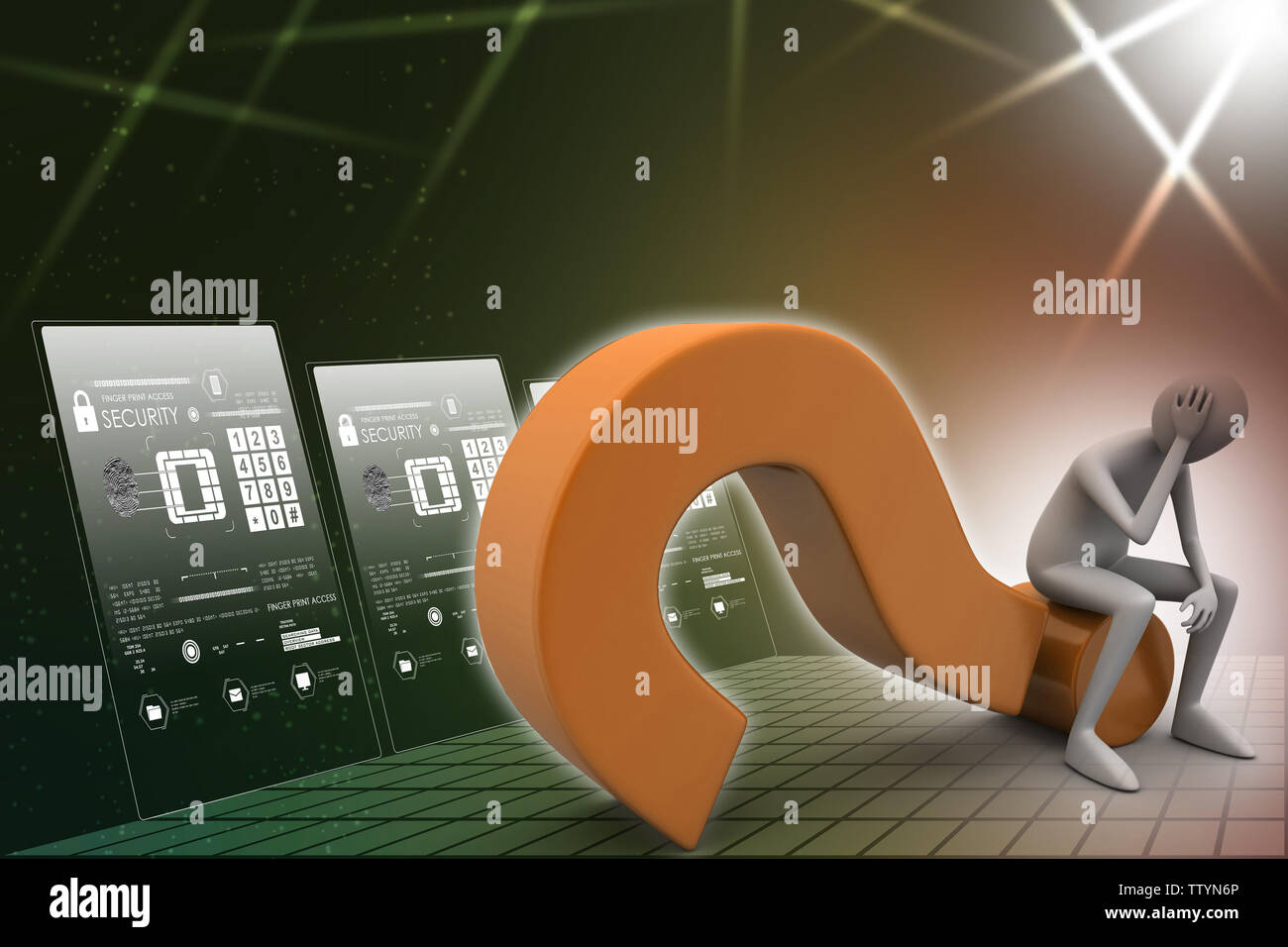 3d man sitting near the question mark Stock Photo - Alamy